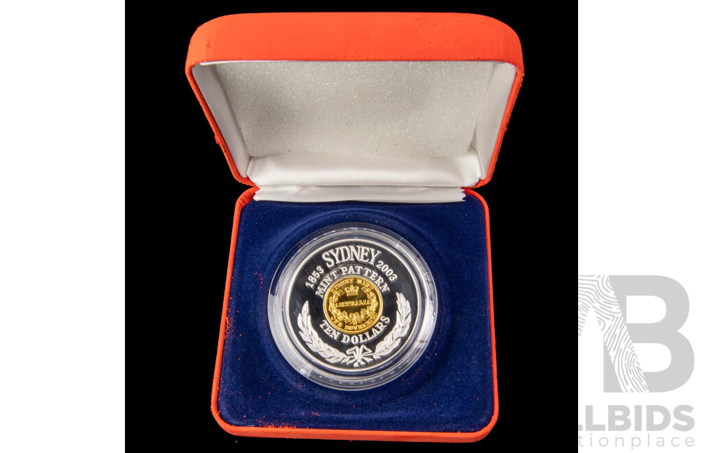 Australian RAM 2003 Silver/Gold Plated Proof Ten Dollar Coin, Sydney Mint 150 Years Mint Pattern .999