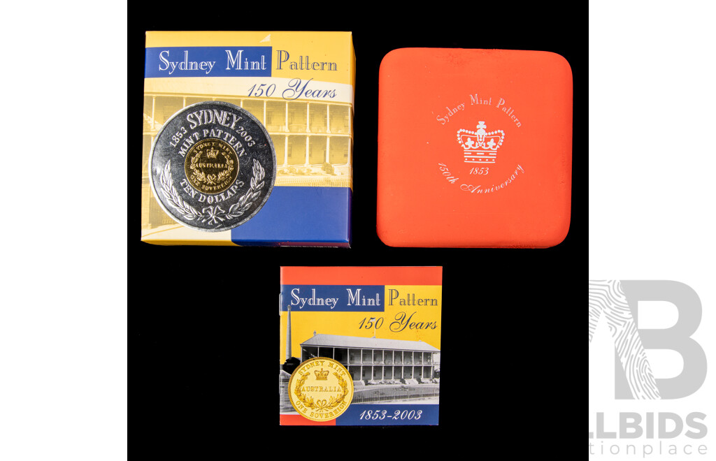 Australian RAM 2003 Silver/Gold Plated Proof Ten Dollar Coin, Sydney Mint 150 Years Mint Pattern .999