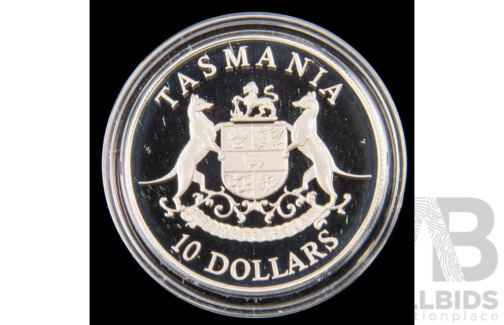 Australian 1991 Silver Ten Dollar Proof Coin, State Series, Tasmania .925