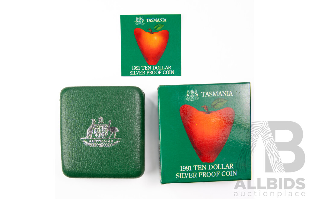 Australian 1991 Silver Ten Dollar Proof Coin, State Series, Tasmania .925