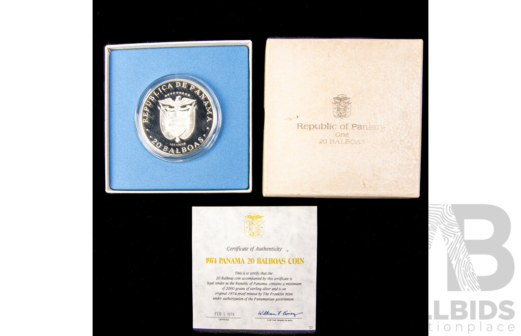Republic of Panama Franklin Mint 1974 Silver Twenty Balboas Coin .925