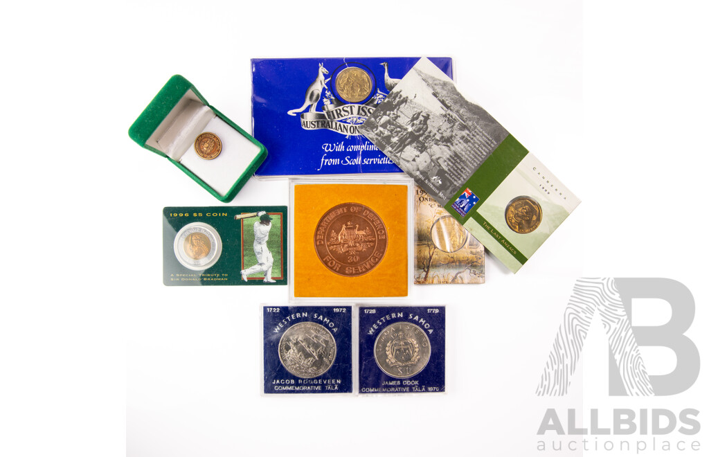 Australian Commemorative Coins Including 1996 Five Dollar Donald Bradman, One Dollars 1995 Waltzing Matilda, 1999 Last ANZACS C Mint Marks, 1984, Department of Defence 30 Years Service, Coin and Badge, Western Samoa 1972 One Dollars