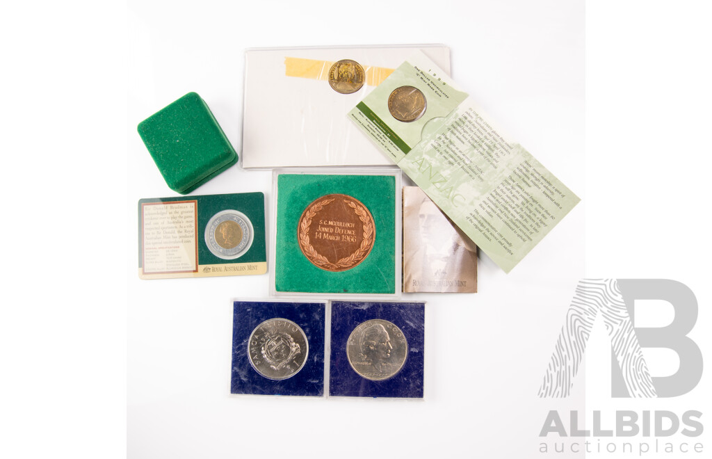 Australian Commemorative Coins Including 1996 Five Dollar Donald Bradman, One Dollars 1995 Waltzing Matilda, 1999 Last ANZACS C Mint Marks, 1984, Department of Defence 30 Years Service, Coin and Badge, Western Samoa 1972 One Dollars