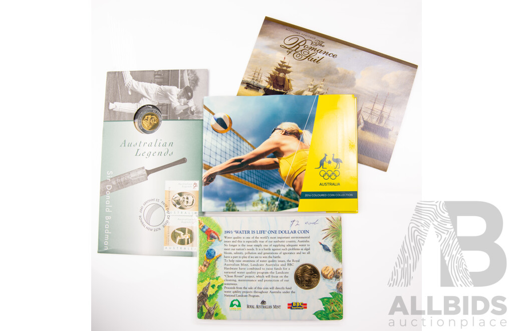 Australian RAM 2016 Two Dollar Coin Set, Olympics, 1993 UNC One Dollar Land Care, 1997 Donald Bradman PNC, Romance of Sail Stamp Pack