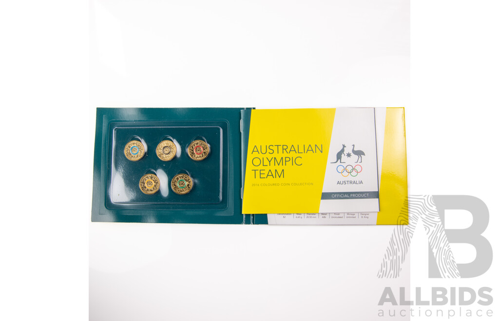 Australian RAM 2016 Two Dollar Coin Set, Olympics, 1993 UNC One Dollar Land Care, 1997 Donald Bradman PNC, Romance of Sail Stamp Pack