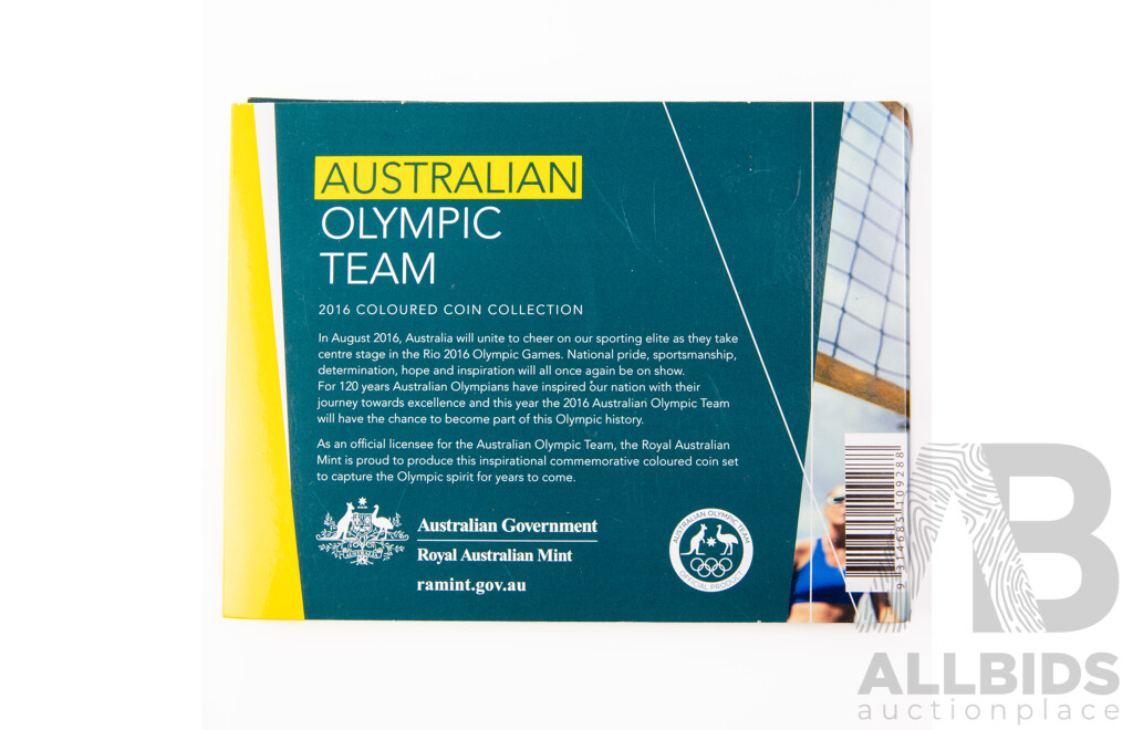 Australian RAM 2016 Two Dollar Coin Set, Olympics, 1993 UNC One Dollar Land Care, 1997 Donald Bradman PNC, Romance of Sail Stamp Pack
