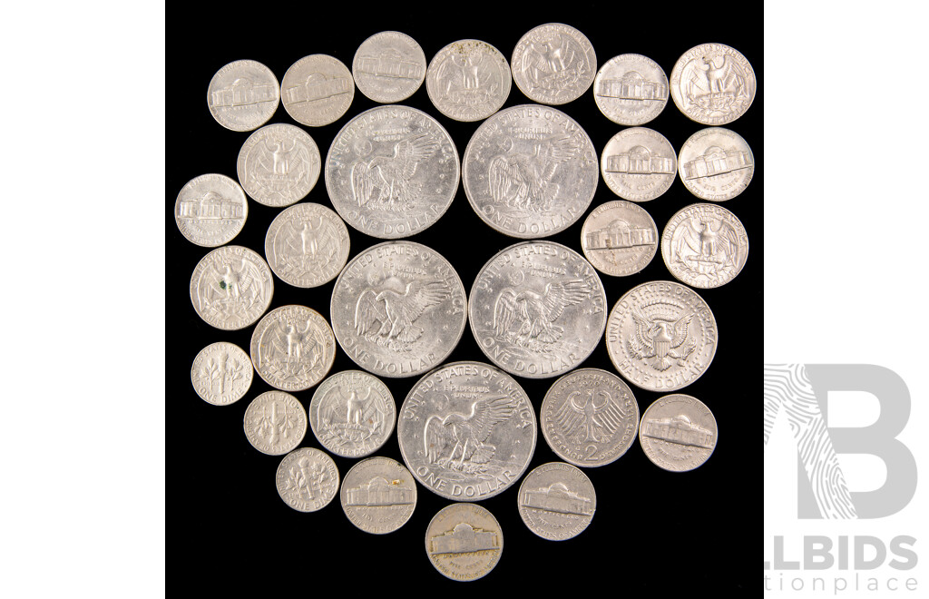 Collection of USA Coins Including Five 1972 Eisenhower One Dollars, 1942, 1964 Silver Quarters