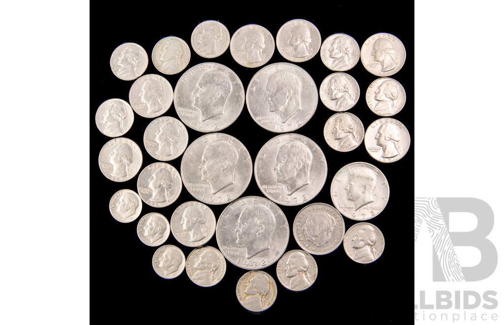 Collection of USA Coins Including Five 1972 Eisenhower One Dollars, 1942, 1964 Silver Quarters