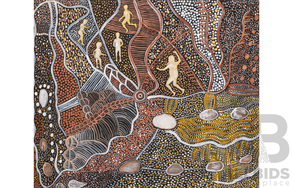 Dennis Tjakamarra (20th Century, Indigenous-Australian, 1962-), Untitled - Figures in the Bush, Original Acrylic on Linen, 38 x 46 cm