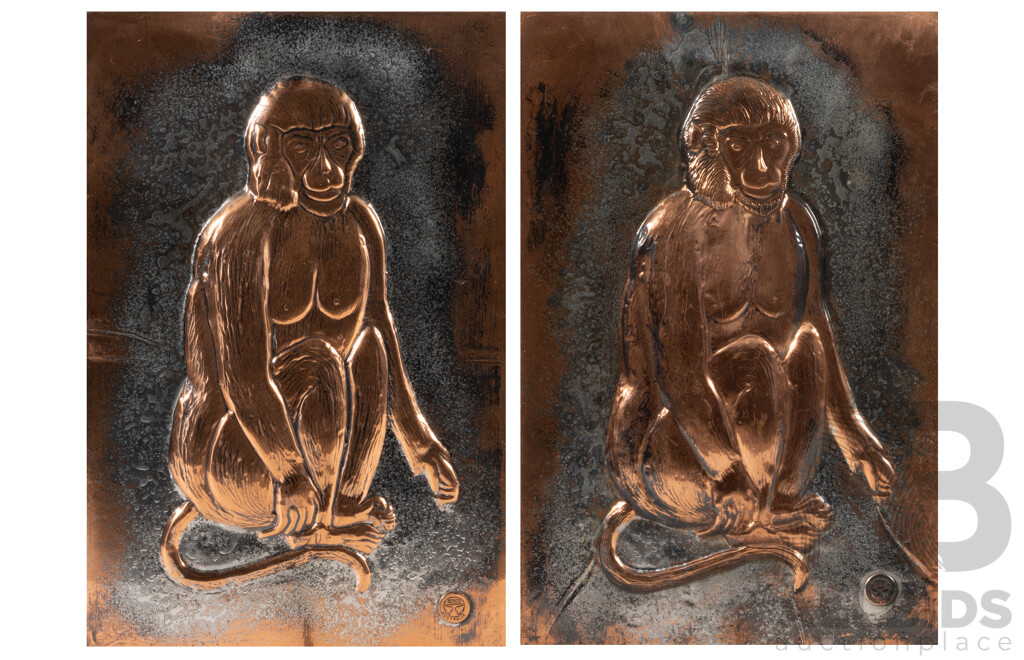 Louis Berczi, (20th Century, Hungarian-Born Australian, d-2015), Pair of Identical Monkeys, Vintage Hand Crafted Pressed Copper Panels with Silver Splash, 38 x 25 cm (2)