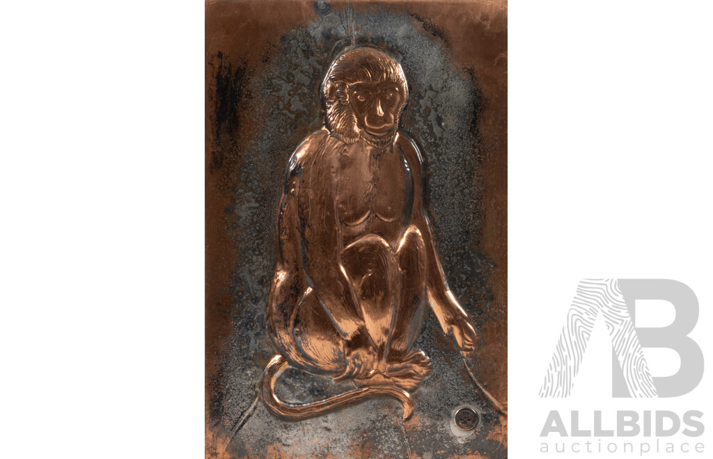 Louis Berczi, (20th Century, Hungarian-Born Australian, d-2015), Pair of Identical Monkeys, Vintage Hand Crafted Pressed Copper Panels with Silver Splash, 38 x 25 cm (2)