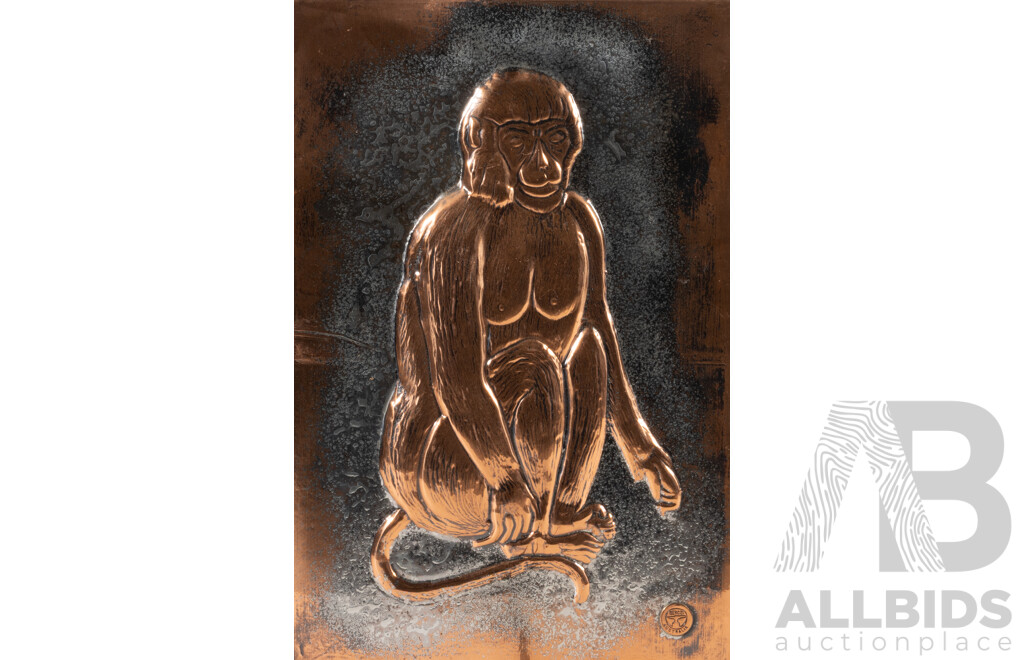 Louis Berczi, (20th Century, Hungarian-Born Australian, d-2015), Pair of Identical Monkeys, Vintage Hand Crafted Pressed Copper Panels with Silver Splash, 38 x 25 cm (2)
