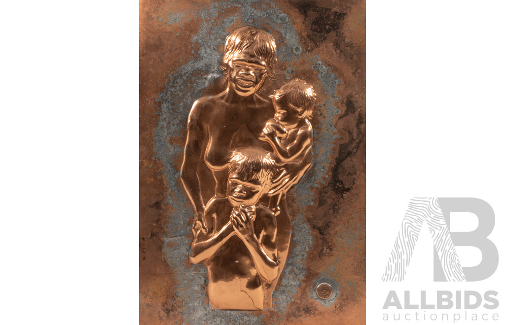 Louis Berczi, (20th Century, Hungarian-Born Australian, d-2015), Indigenous Mother with Children, Vintage Hand Crafted Pressed Copper Panel with Silver Splash, 38 x 27 cm