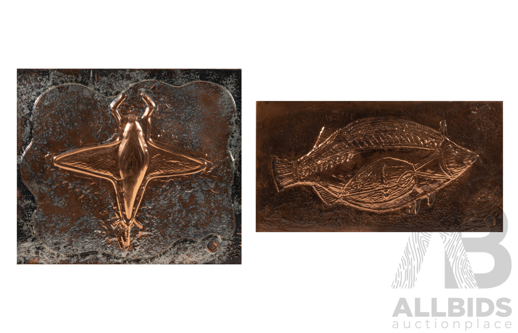 Louis Berczi, (20th Century, Hungarian-Born Australian, d-2015), Insect & Fish, Pair of Vintage Hand Crafted Pressed Copper Panels (with Silver Splash), 37 x 43 cm (insect) & 25 x 47 cm (fish) (2)
