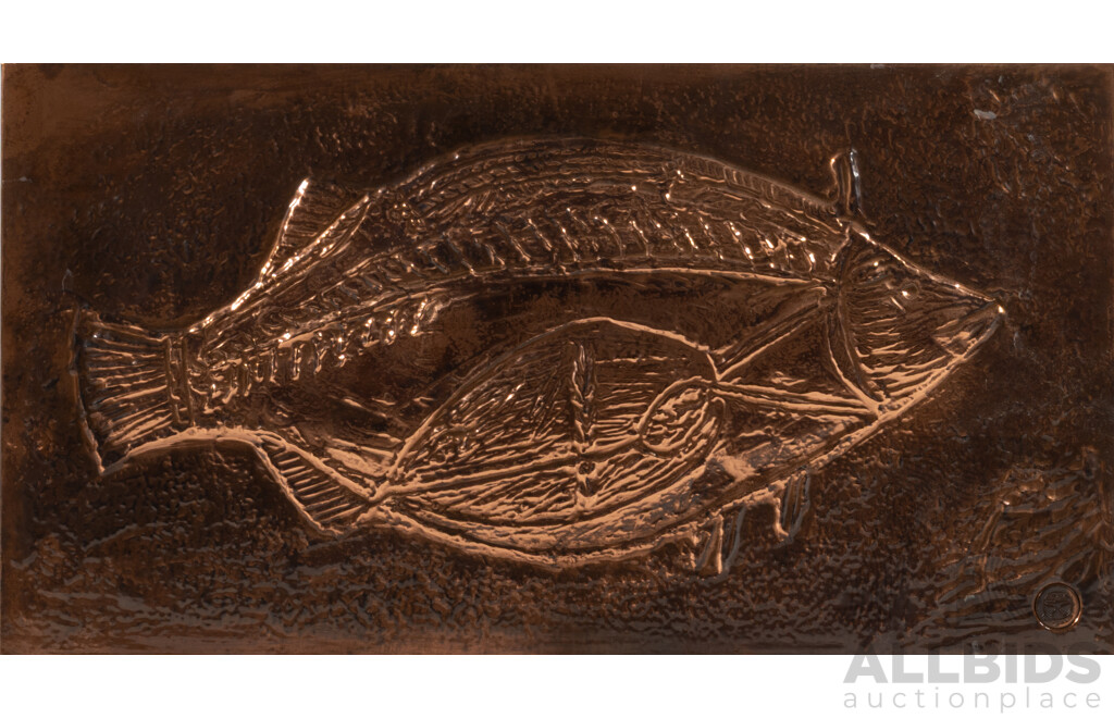 Louis Berczi, (20th Century, Hungarian-Born Australian, d-2015), Insect & Fish, Pair of Vintage Hand Crafted Pressed Copper Panels (with Silver Splash), 37 x 43 cm (insect) & 25 x 47 cm (fish) (2)