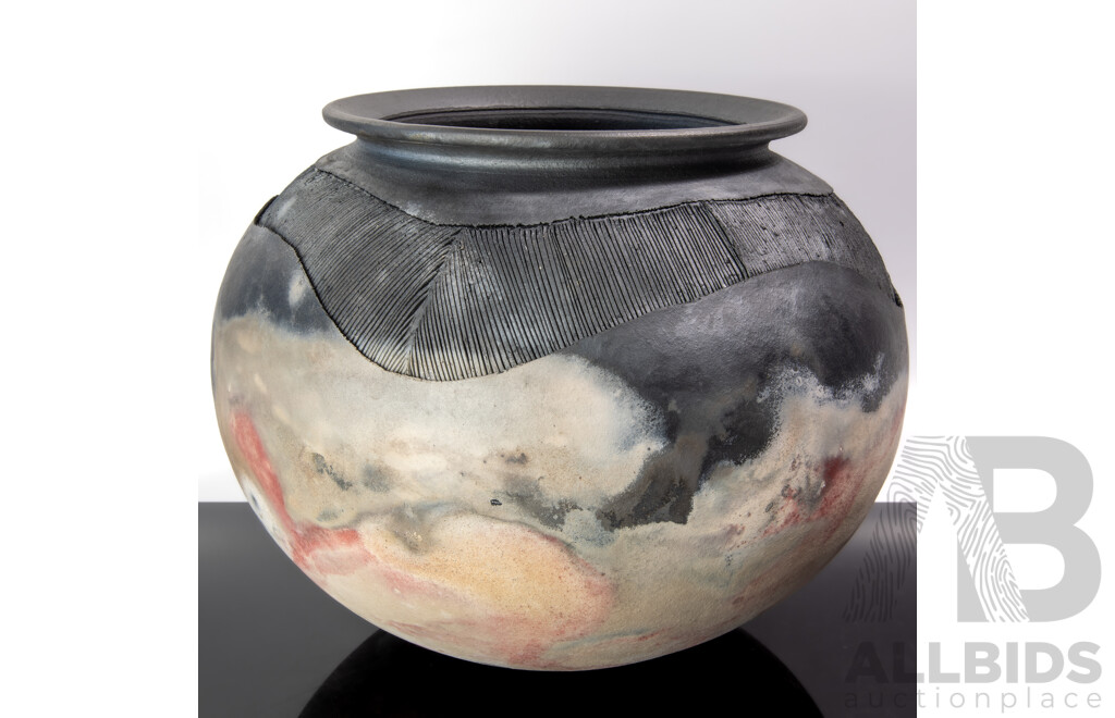 Large Hand Made Australian NZ Pottery Vase by Ray Rogers with Incised Textured Finish