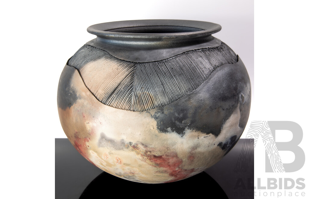 Large Hand Made Australian NZ Pottery Vase by Ray Rogers with Incised Textured Finish