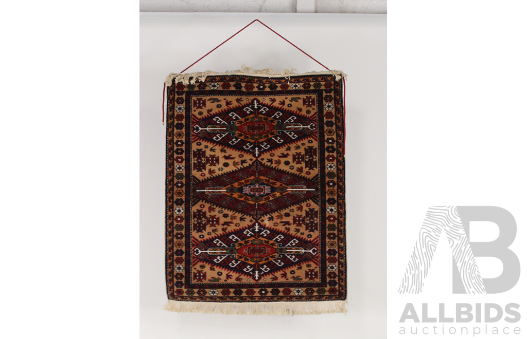 Hand Woven Persian Kurdish Wool Rug with Geometric Design and Wall Hanger Attached to Rear, Ex Cadrys