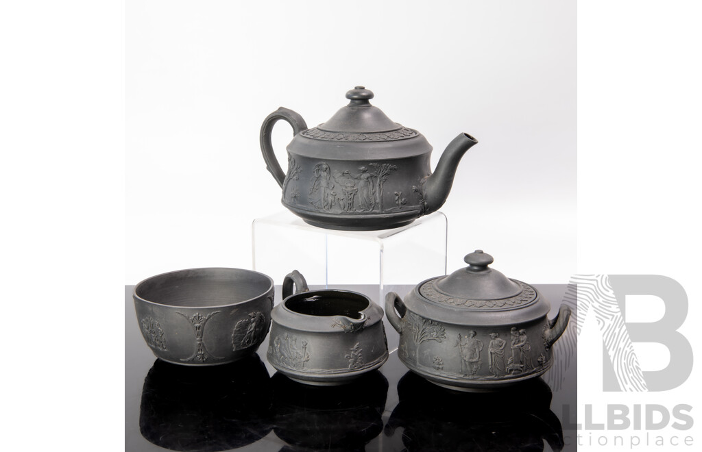 Antique Basalt Black Wedgwood Lidded Teapot, Lidded Sugar Dish, Small Bowl and Creamer, All with Applied Classical Scenes