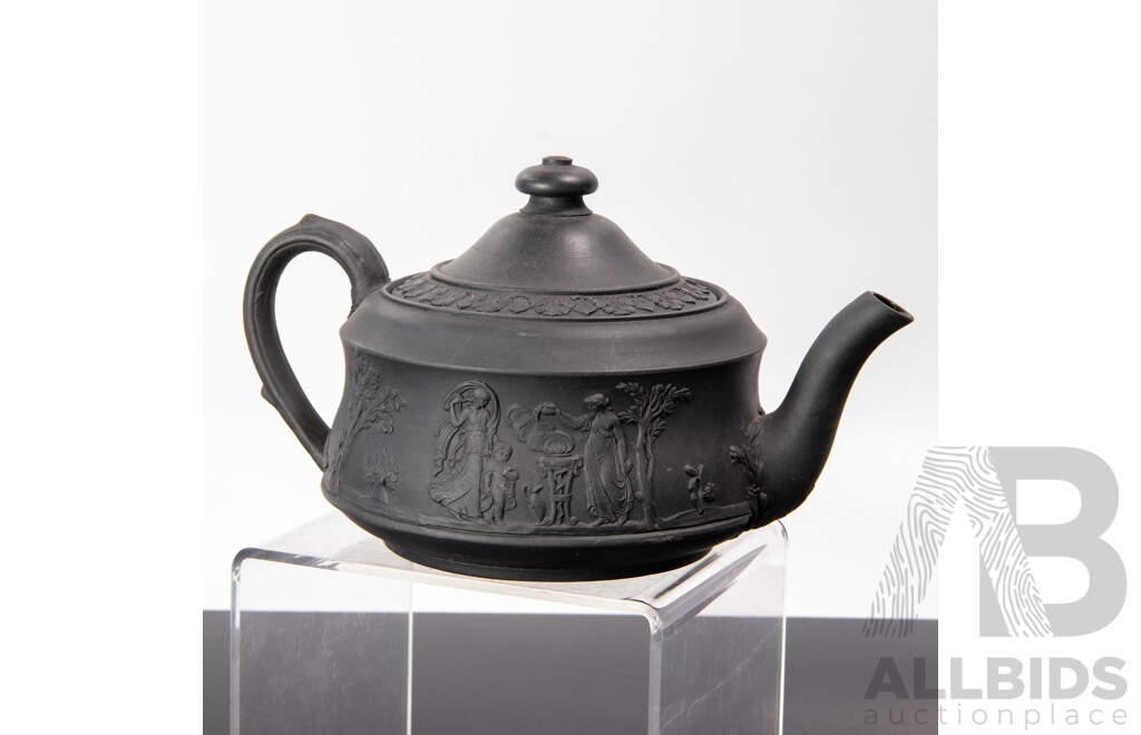 Antique Basalt Black Wedgwood Lidded Teapot, Lidded Sugar Dish, Small Bowl and Creamer, All with Applied Classical Scenes