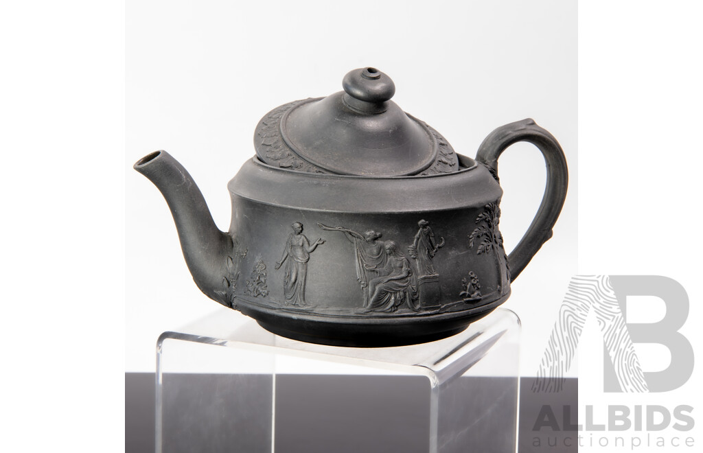 Antique Basalt Black Wedgwood Lidded Teapot, Lidded Sugar Dish, Small Bowl and Creamer, All with Applied Classical Scenes