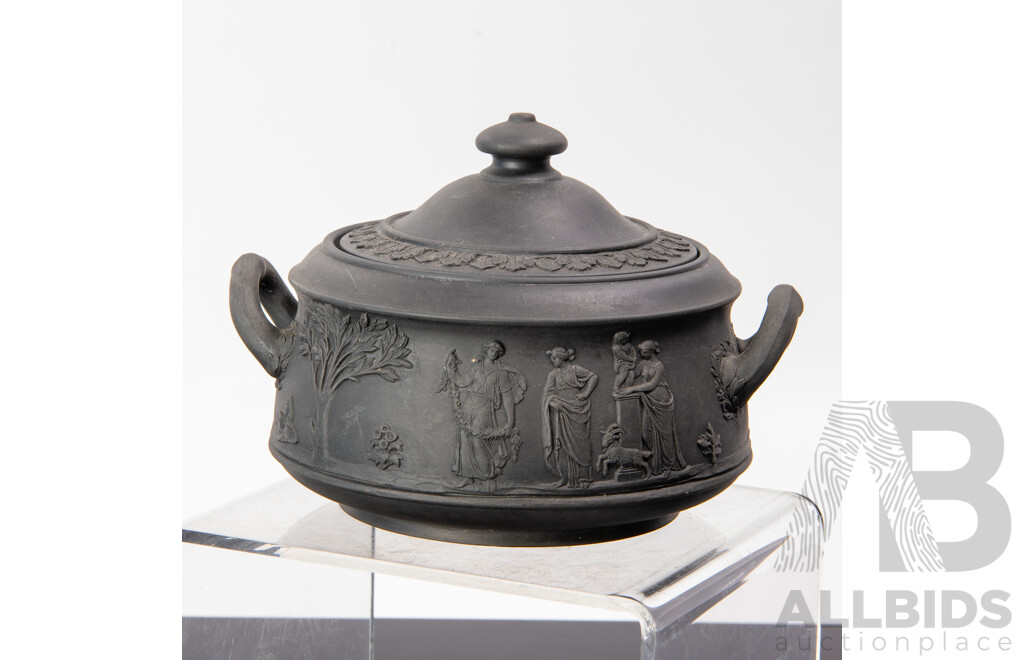 Antique Basalt Black Wedgwood Lidded Teapot, Lidded Sugar Dish, Small Bowl and Creamer, All with Applied Classical Scenes