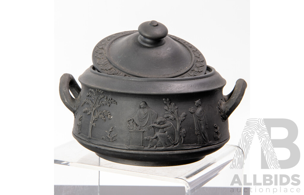 Antique Basalt Black Wedgwood Lidded Teapot, Lidded Sugar Dish, Small Bowl and Creamer, All with Applied Classical Scenes