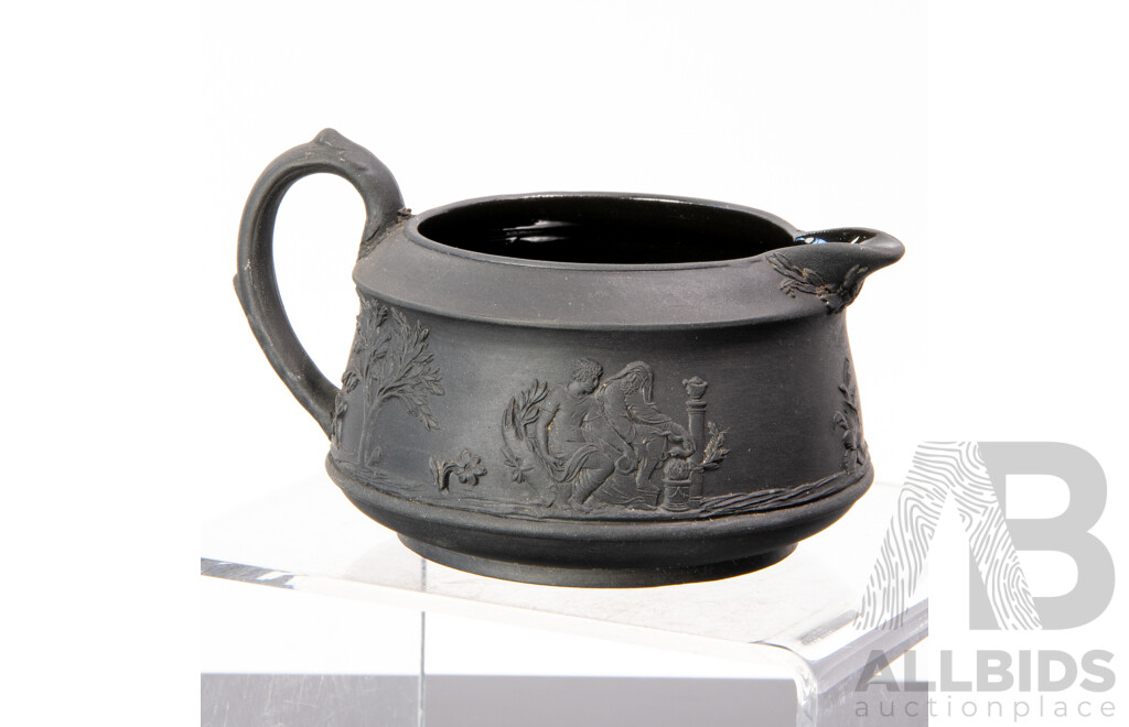 Antique Basalt Black Wedgwood Lidded Teapot, Lidded Sugar Dish, Small Bowl and Creamer, All with Applied Classical Scenes