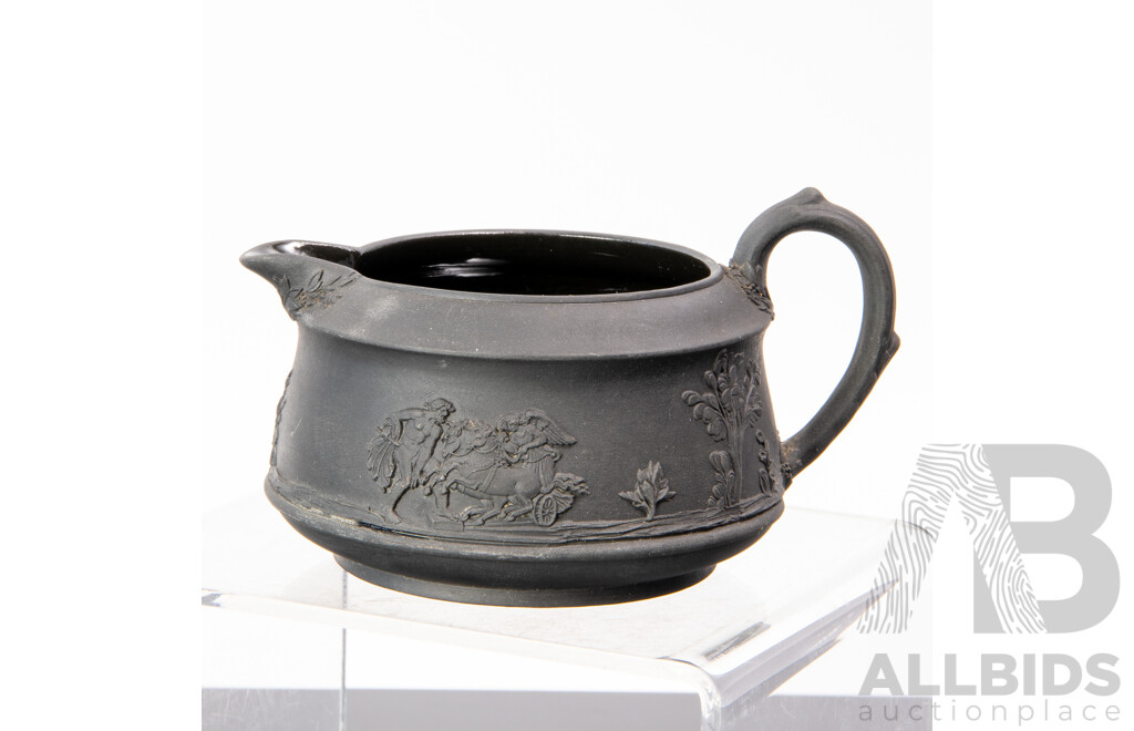 Antique Basalt Black Wedgwood Lidded Teapot, Lidded Sugar Dish, Small Bowl and Creamer, All with Applied Classical Scenes