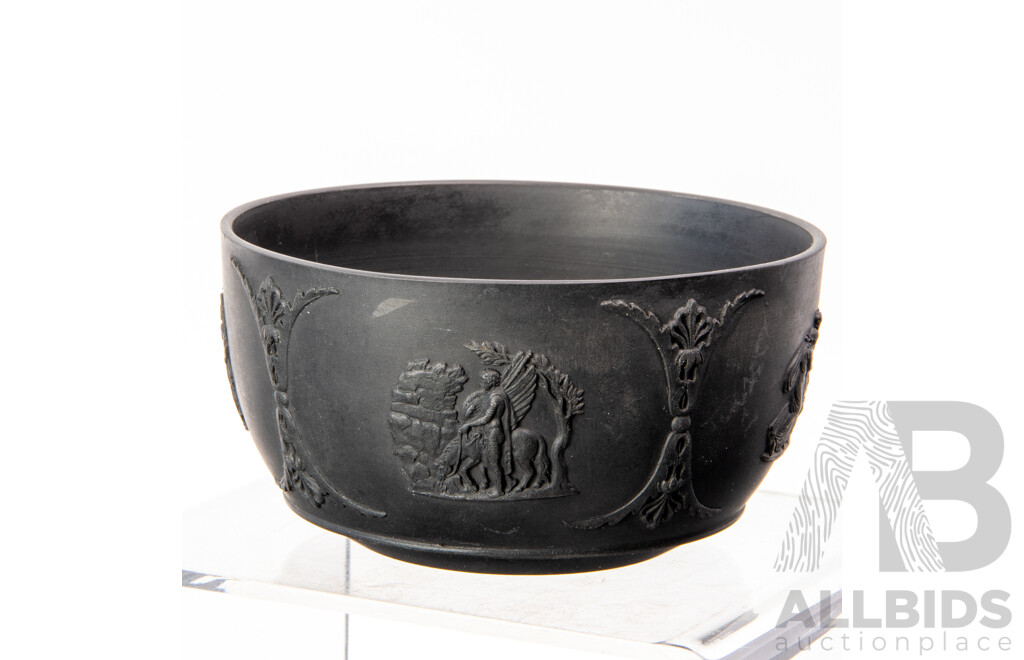 Antique Basalt Black Wedgwood Lidded Teapot, Lidded Sugar Dish, Small Bowl and Creamer, All with Applied Classical Scenes