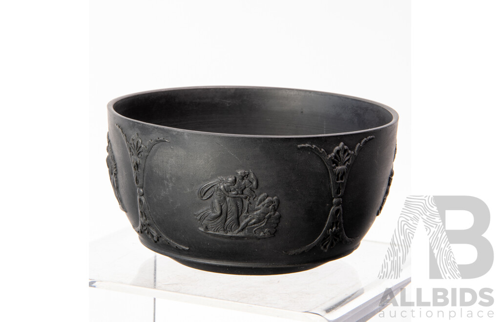 Antique Basalt Black Wedgwood Lidded Teapot, Lidded Sugar Dish, Small Bowl and Creamer, All with Applied Classical Scenes