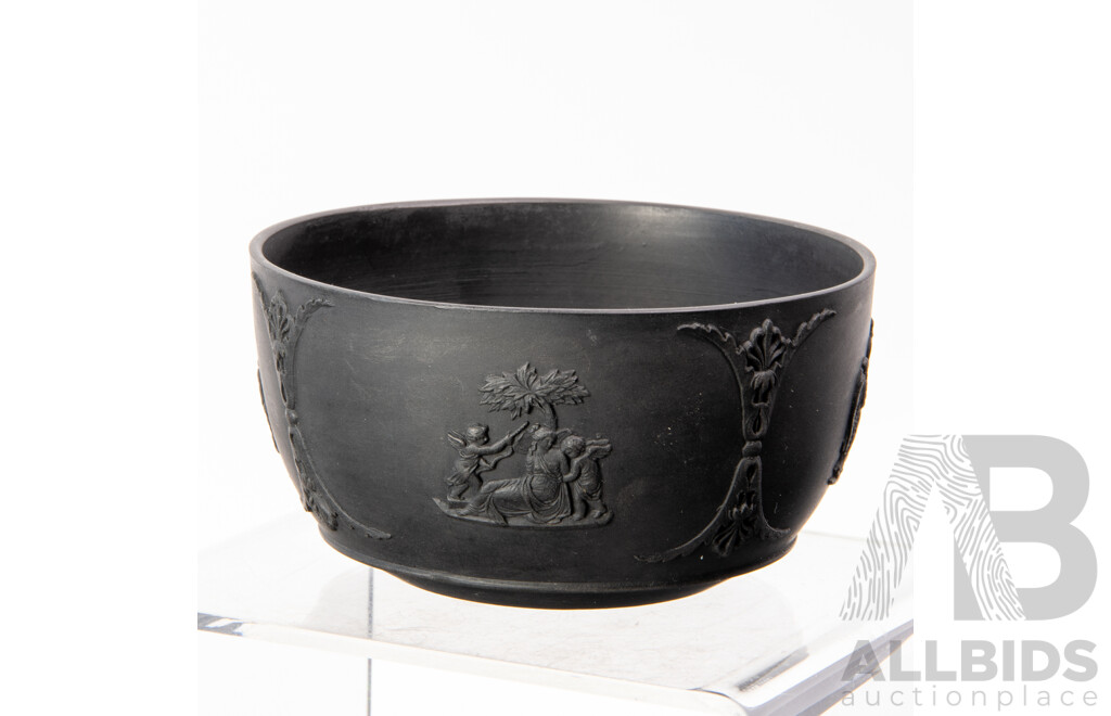 Antique Basalt Black Wedgwood Lidded Teapot, Lidded Sugar Dish, Small Bowl and Creamer, All with Applied Classical Scenes