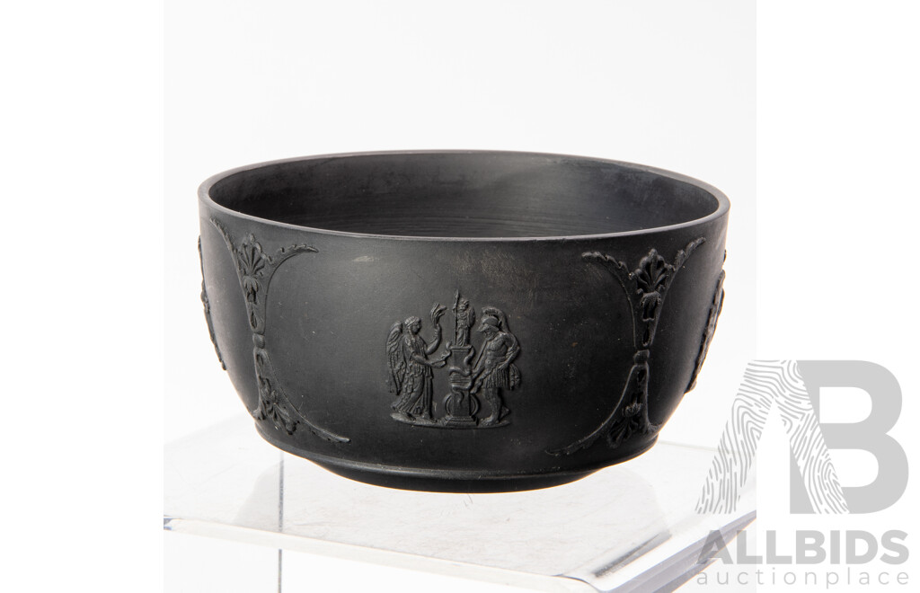 Antique Basalt Black Wedgwood Lidded Teapot, Lidded Sugar Dish, Small Bowl and Creamer, All with Applied Classical Scenes