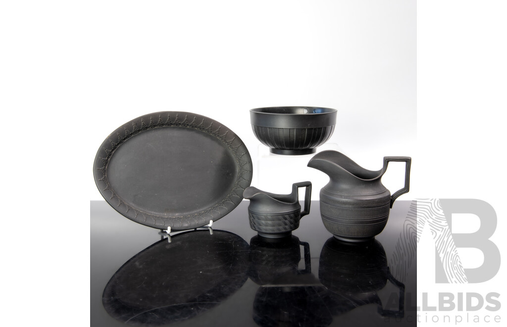 Collection Four Antique Basalt Black Wedgwood Items Comprising Oval Platter, Two Jugs and Bowl