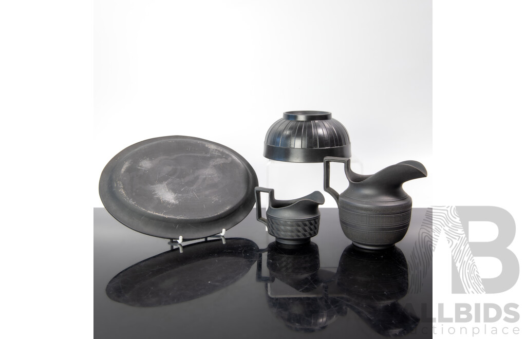 Collection Four Antique Basalt Black Wedgwood Items Comprising Oval Platter, Two Jugs and Bowl