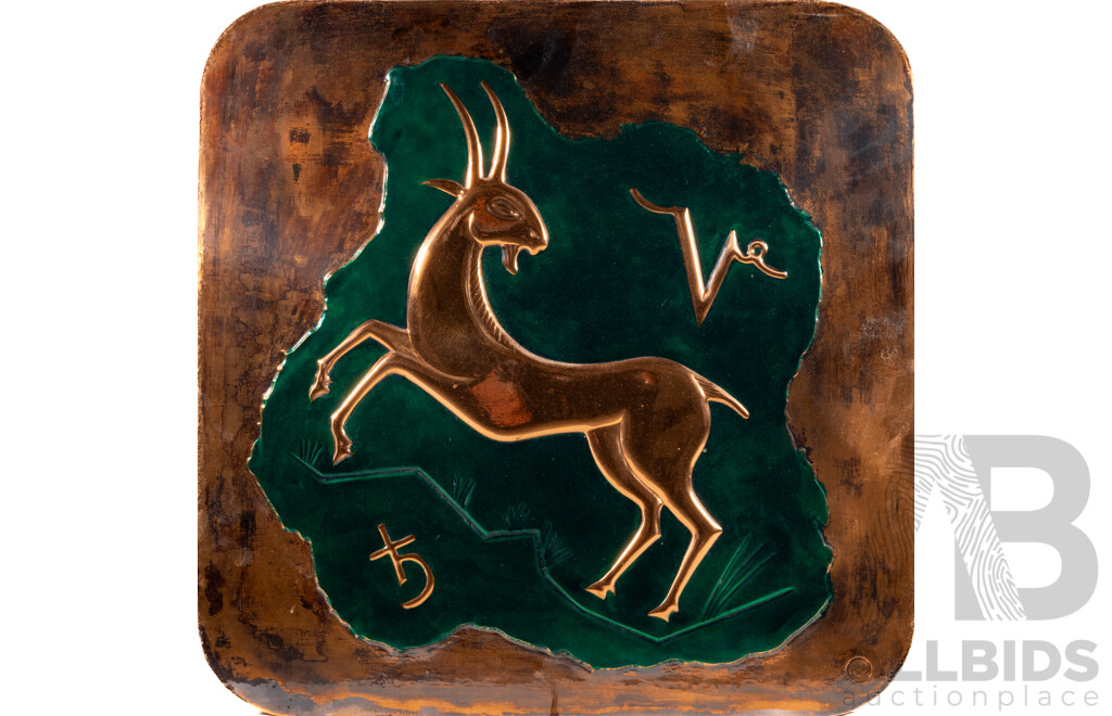 Louis Berczi, (20th Century, Hungarian-Born Australian, d-2015), Deer with Symbols, Vintage Hand Crafted Pressed Copper Panel with Green Splash Detail, 58 x 58 cm (frame)