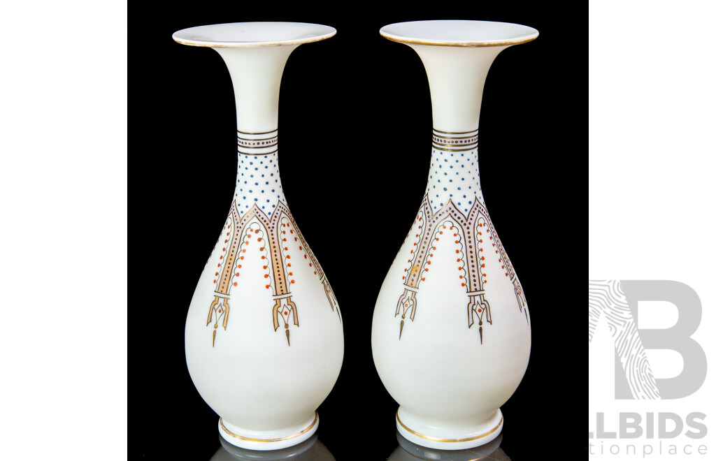 Pair Antique Victorian Opal Glass Vases Painted with Florentine Decoration