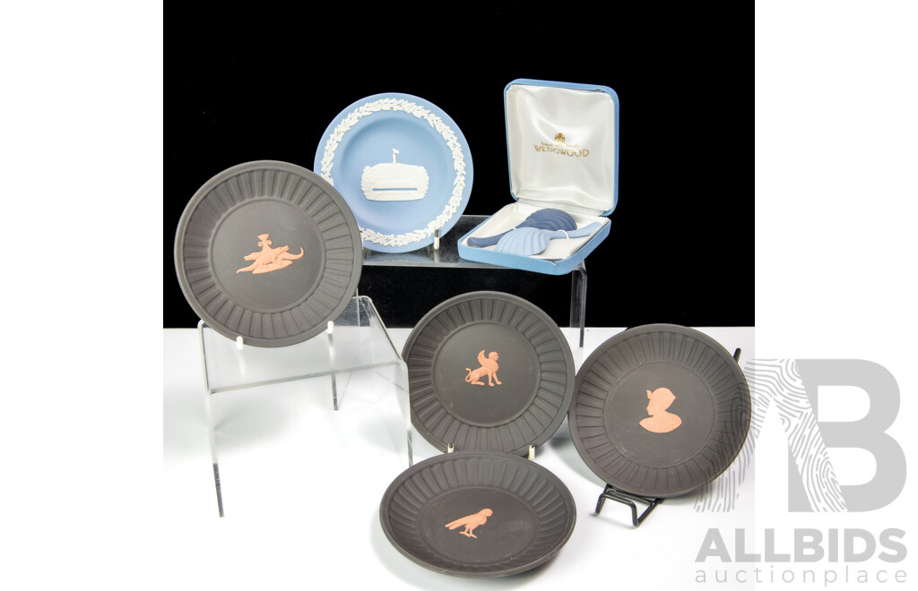 Collection Six Wedgwood Jasperware Pieces in Original Boxes Comprising Four Terracotta Black Examples, Canberra Example and Pair Scallop Form Spoons