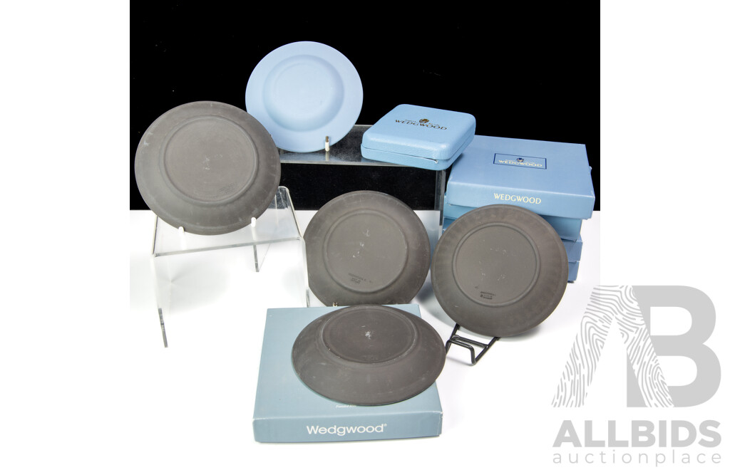 Collection Six Wedgwood Jasperware Pieces in Original Boxes Comprising Four Terracotta Black Examples, Canberra Example and Pair Scallop Form Spoons