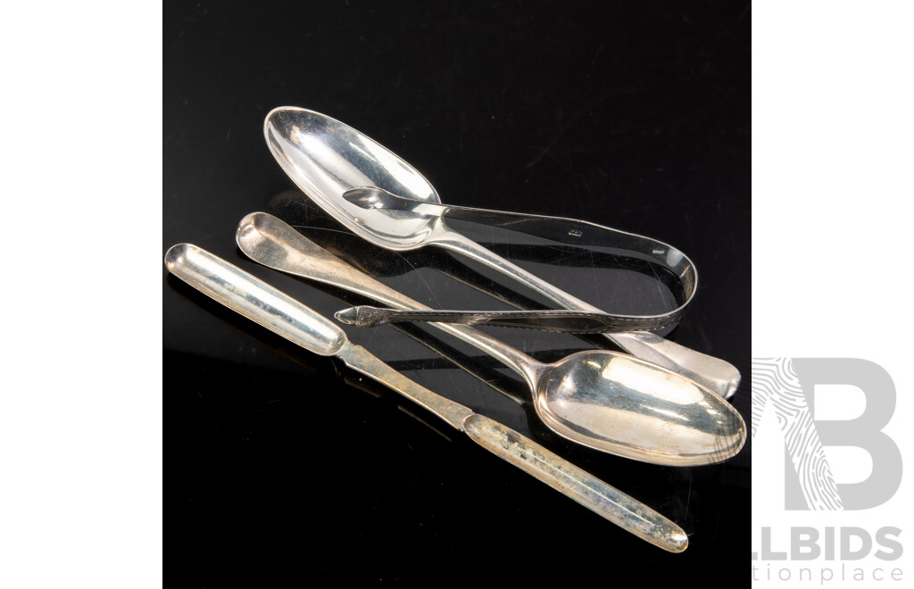 Pair Antique Sterling Silver Table Spoons, Phillip Roker II, London 1902 Along with Silver Plate Marrow Scoop with Engraved Ship Detail & Sterling Silver Sugar Tongs