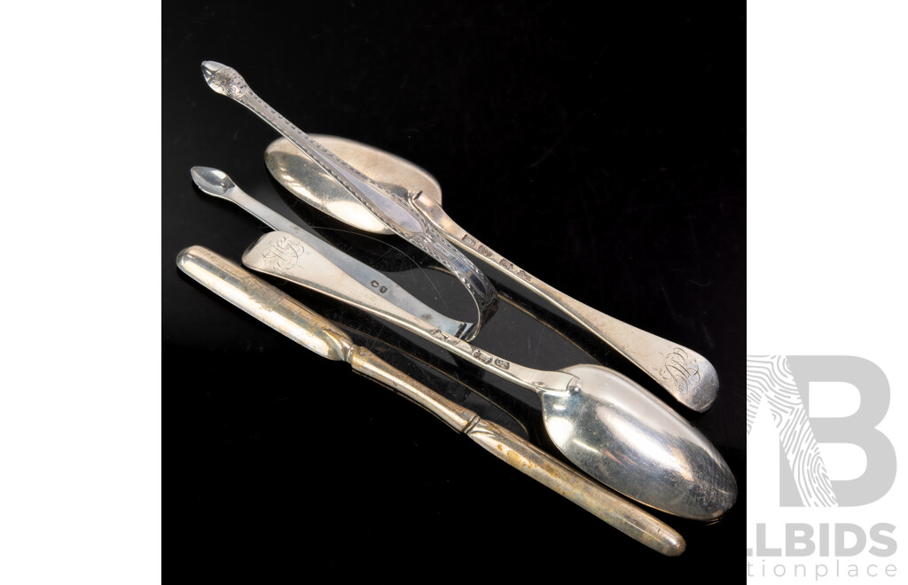 Pair Antique Sterling Silver Table Spoons, Phillip Roker II, London 1902 Along with Silver Plate Marrow Scoop with Engraved Ship Detail & Sterling Silver Sugar Tongs