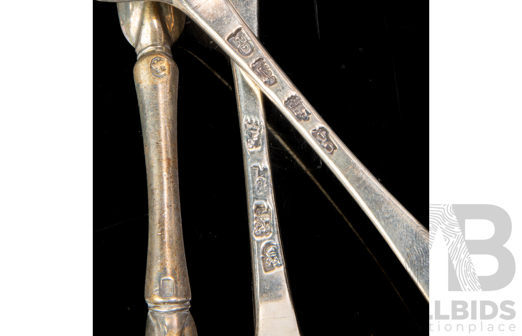 Pair Antique Sterling Silver Table Spoons, Phillip Roker II, London 1902 Along with Silver Plate Marrow Scoop with Engraved Ship Detail & Sterling Silver Sugar Tongs