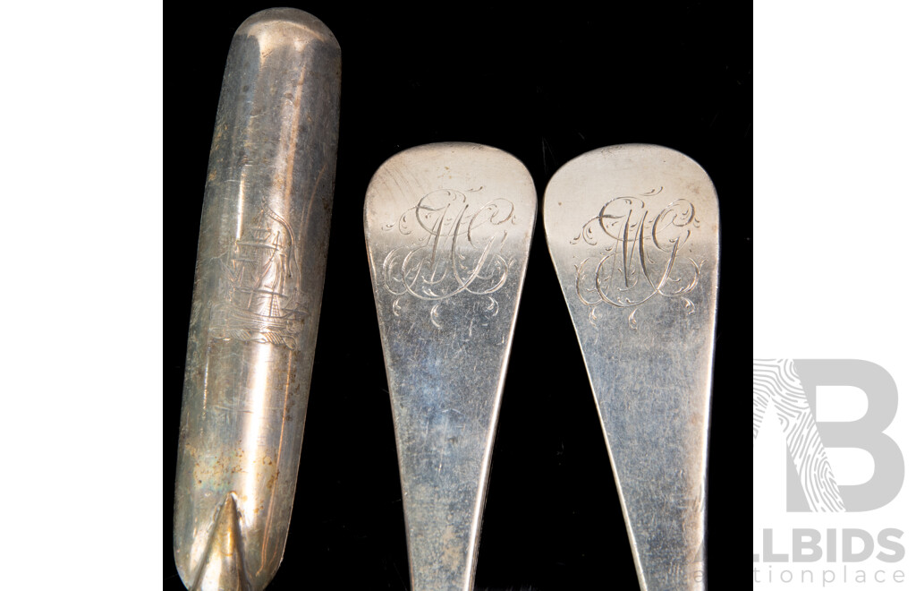 Pair Antique Sterling Silver Table Spoons, Phillip Roker II, London 1902 Along with Silver Plate Marrow Scoop with Engraved Ship Detail & Sterling Silver Sugar Tongs