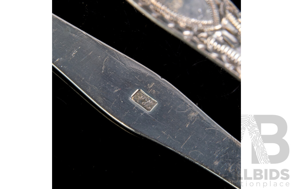 Pair Antique Sterling Silver Table Spoons, Phillip Roker II, London 1902 Along with Silver Plate Marrow Scoop with Engraved Ship Detail & Sterling Silver Sugar Tongs