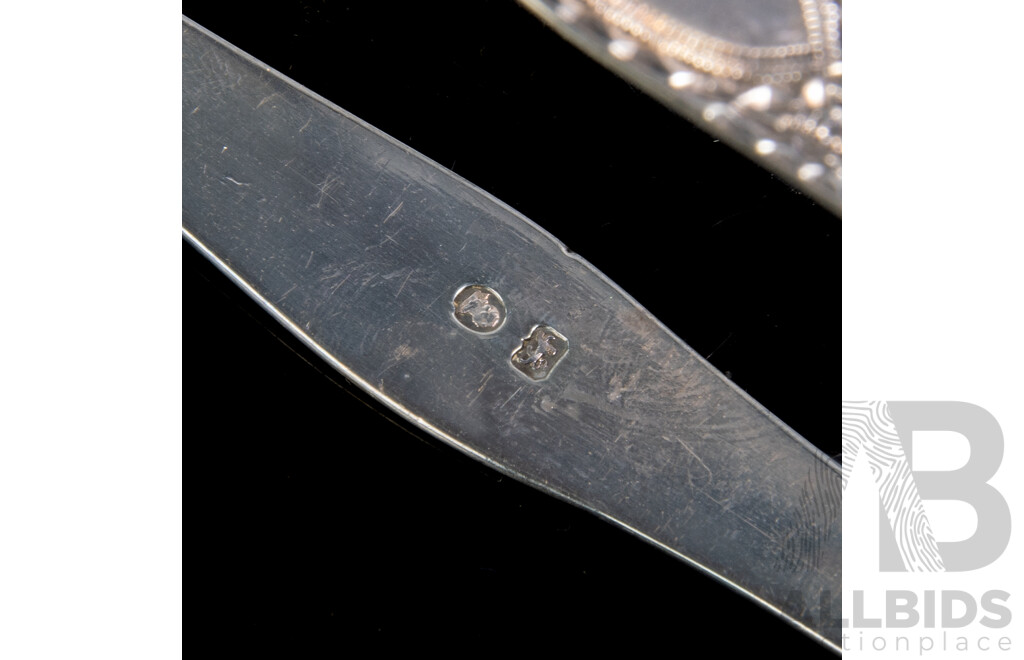 Pair Antique Sterling Silver Table Spoons, Phillip Roker II, London 1902 Along with Silver Plate Marrow Scoop with Engraved Ship Detail & Sterling Silver Sugar Tongs