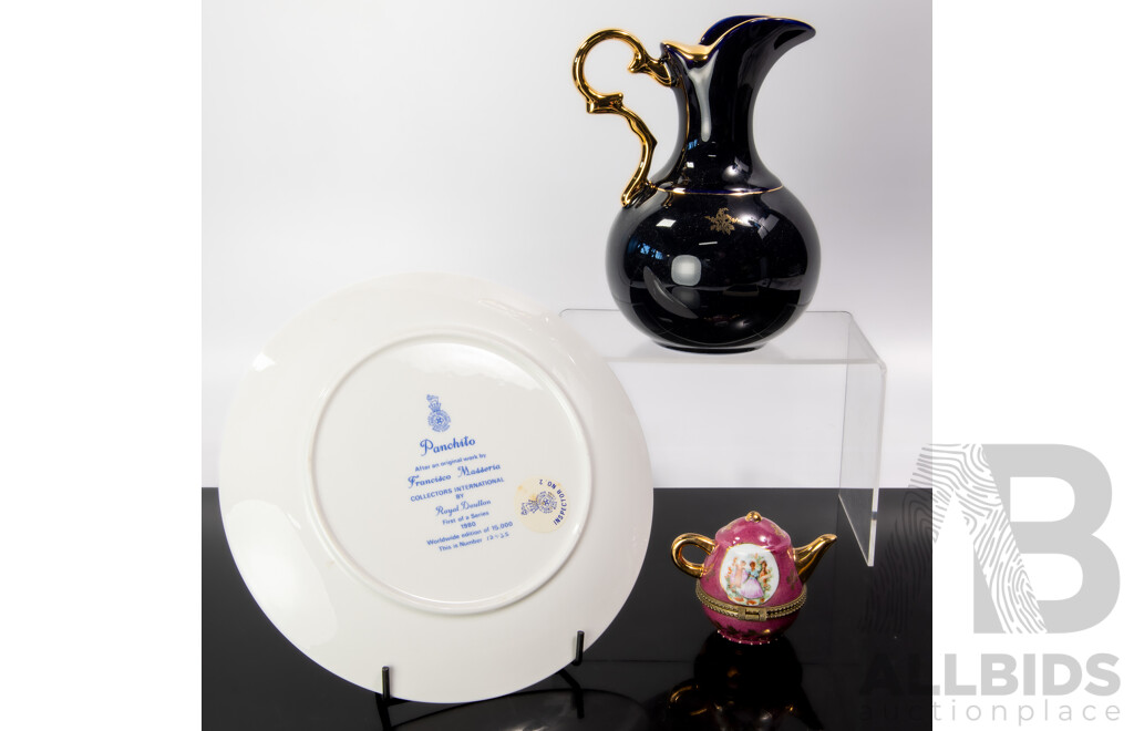 French Limoges Jug and Lidded Teapot Form Dish Along with Royal Doulton Porcelain Panchito Collectors Plate in Original Box