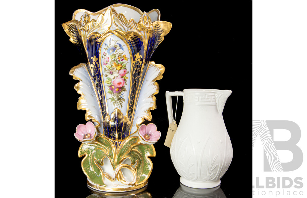 Antique Continental Porcelain Vase with Hand Painted Floral Scene & Gilt Highlights Along with Parian Ware Jug, Circa 1862
