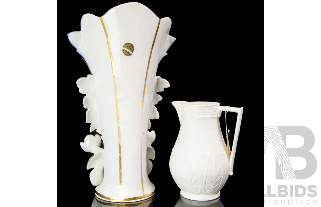 Antique Continental Porcelain Vase with Hand Painted Floral Scene & Gilt Highlights Along with Parian Ware Jug, Circa 1862