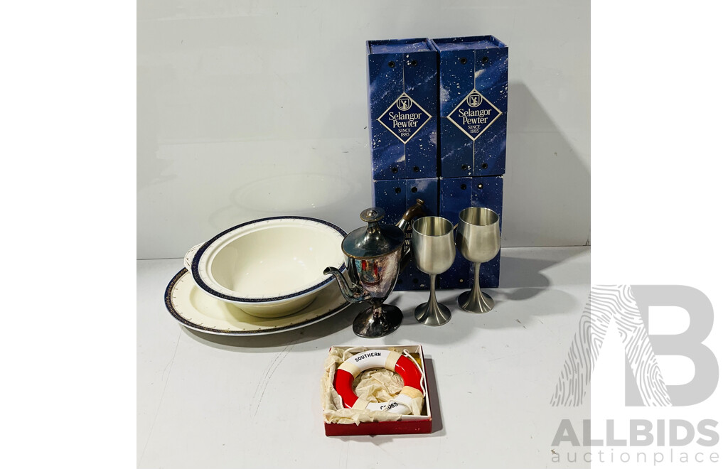 Collection Items Including Six Selangor Pewter Goblets, Meakin Porcelain PLatter and Dish and More