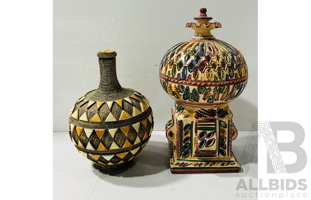 Interesting Pottery Candle Holder Along with Indian Brass Container with Bone Inlay